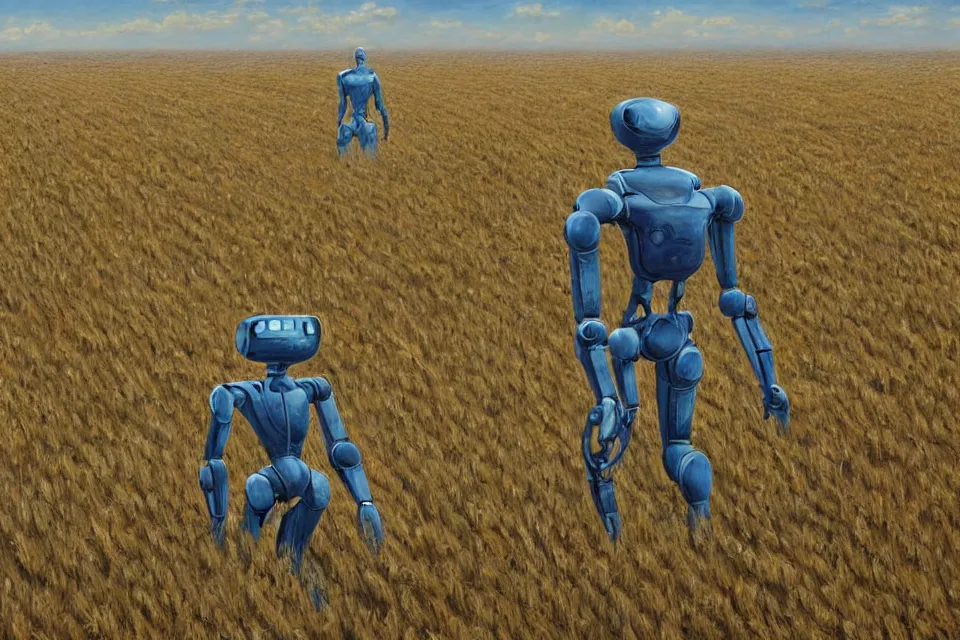 Image similar to sci-fi painting of a large alien city on the vast wheat fields, the closed back view of one humanoid robot on the ground, godrays, detailed