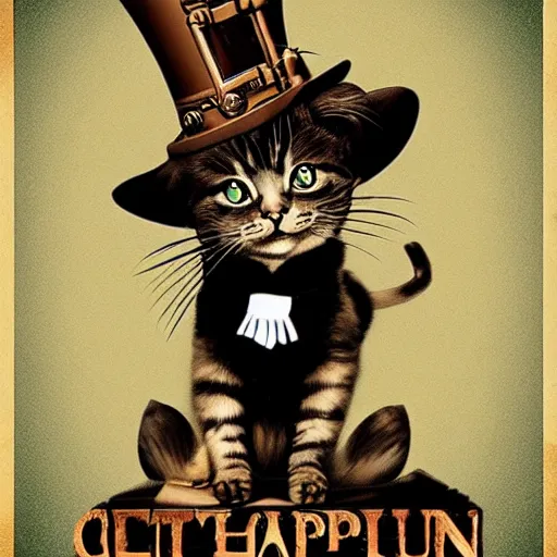 Prompt: steampunk cat, retro, movie poster