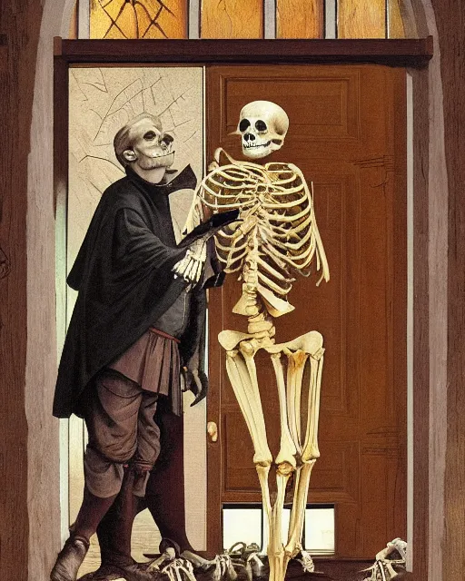 Image similar to A painting of Martin Luther holding a mallet and nailing a paper-skeleton Halloween decoration to the door of a suburban home, in the styles of Ferdinand Pauwels, Greg Rutkowski, Alphonse Mucha, and Tim Burton, intricate, hyperrealistic, accurate facial details, volumetric lighting