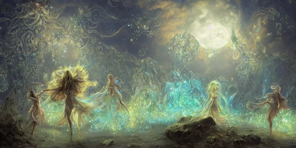 Prompt: concept art of translucent glowing fairies dancing, lovecraftian, renaissance, melting, round moon, rich clouds, moon rocks, large alien flowers, very detailed, volumetric light, mist, fine art, textured oil over canvas, epic fantasy art, very colorful, ornate intricate shiny scales, fractal gems