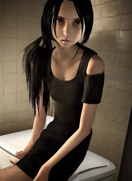 Image similar to a 1 4 year old girl eveline from resident evil 7 with straight long black hair wearing black dress that sitting on bathroom floor, model エリサヘス s from acquamodels, render in re engine