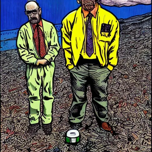 Image similar to The Artwork of R. Crumb and his Cheap Suit Breaking-Bad-Walter-White meth-lab, wearing a bio-hazard suit pencil and colored marker artwork, trailer-trash lifestyle
