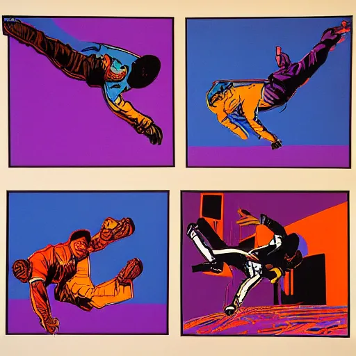 Prompt: four breakdancers battling in the bronx in 1984, by Andy Warhol, gritty, energetic, purple, orange, hyperrealistic, intricate, Moody lightning, trending on artstation