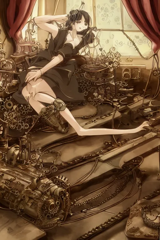 Image similar to anime style illustration, old sick dragon on a steam punk fainting couch with wires and gears and steam punk apparatus, artstation, matte painting, style of studio ghibli, featured in artstation and artgerm and pixiv, award winning, cinematic, elegant, intricate, 8 k