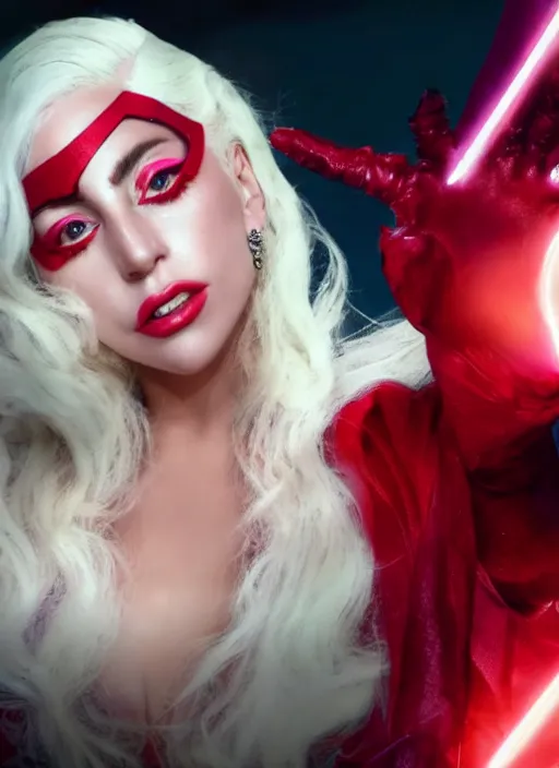 Image similar to screen of lady gaga as the scarlet witch in wandavision, High resolution. Highly detailed. Dramatic. 8k.4k.