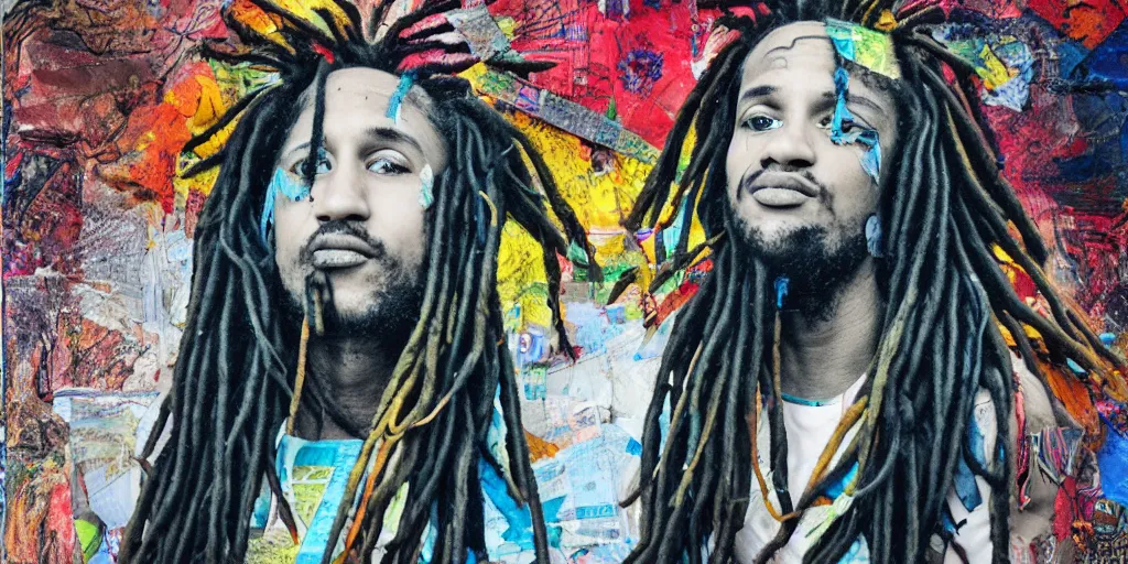 Prompt: dreadlocks chillin, collage paper and tape, acrylic on canvas, hyperrealism mixed with expressionism, high resolution, cinematic, unreal 6 breathtaking detailed, by blake neubert