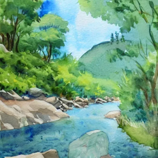 Image similar to A piece of peace by a river creek, watercolor, detailed