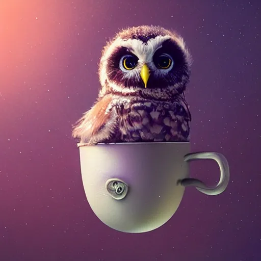 Image similar to long shot of a very cute owl chick nesting in a very futuristic cup, esao andrews, humorous illustration, hyperrealistic, big depth of field, warm colors, night scenery, low light, 3 d octane render, 4 k, conceptart, hyperdetailed, hyperrealistic, trending on artstation