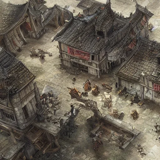 Image similar to top down battle map in a medieval town for tactical gaming, drawn by Ruan Jia, fantasy art, dramatic lighting, digital art,highly detailed