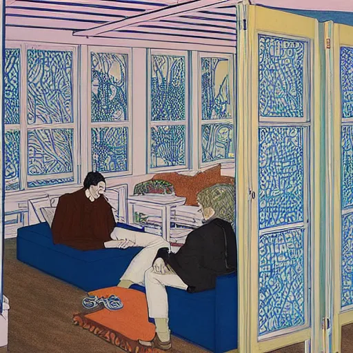 Prompt: man in white room with screens, hope gangloff art style