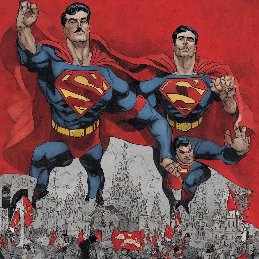 Image similar to epic comic book cover of stalin as superman floating over the red square ( moscow ), socialist realism, aesthetically pleasing, finely detailed facial features, hyperrealistic, intricate digital art, trending artstation, artgem, rich moody colors, fan art, concept art, in the style of the red son, by cory walker and ryan ottley