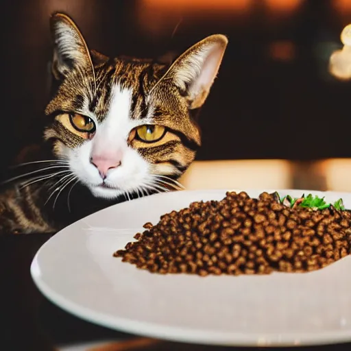 Image similar to A photo of a cat wearing a suit sitting in a fancy and expensive gourmet restaurant and eating a plate of cat food. f/2.8, dim lighting, award winning photo