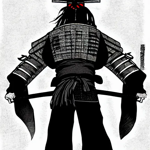 Image similar to A FULL BODY PORTRAIT FROM BEHIND OF A SAMURAI FROM MANGA VAGABOND, ,detailed, concept art, ink style , sketch black and white colors