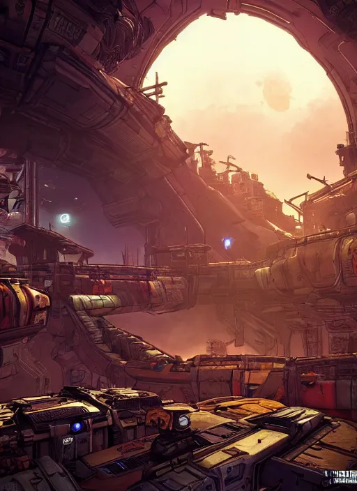 Prompt: Borderlands 2 Hyperion Space Station , Dynamic lighting, cinematic, extremely high detail, photo realistic, cinematic lighting, pen and ink, intricate line drawings, post processed, concept art, artstation, matte painting, style by Raphael Lacoste, Eddie Mendoza, Q Hayashida