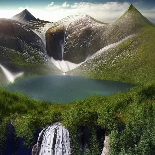 Image similar to photorealistic fantasy digital art depicting a very - distant aerial view of : at the peak of the world's tallest mountain is a small pond. a waterfall is falling from the pond down to the base of the mountain into a lake. the waterfall is unbelievably tall, and the mountain is extremely steep and narrow. there is a city surrounding the lake.