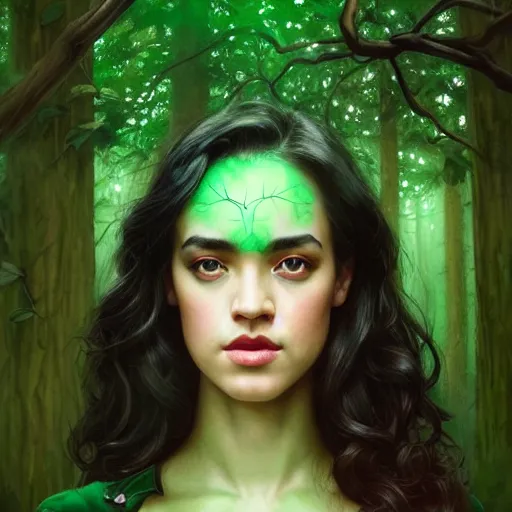 Prompt: gorgeous Jade Tailor (The Magicians TV show), realistic character concept, black hair, symmetrical face symmetrical eyes, green dress, forest, trees, medium shot, shorter neck, illustration, cinematic lighting, artgerm, Tom Bagshaw, Norman Rockwell, insanely detailed and intricate, beautiful