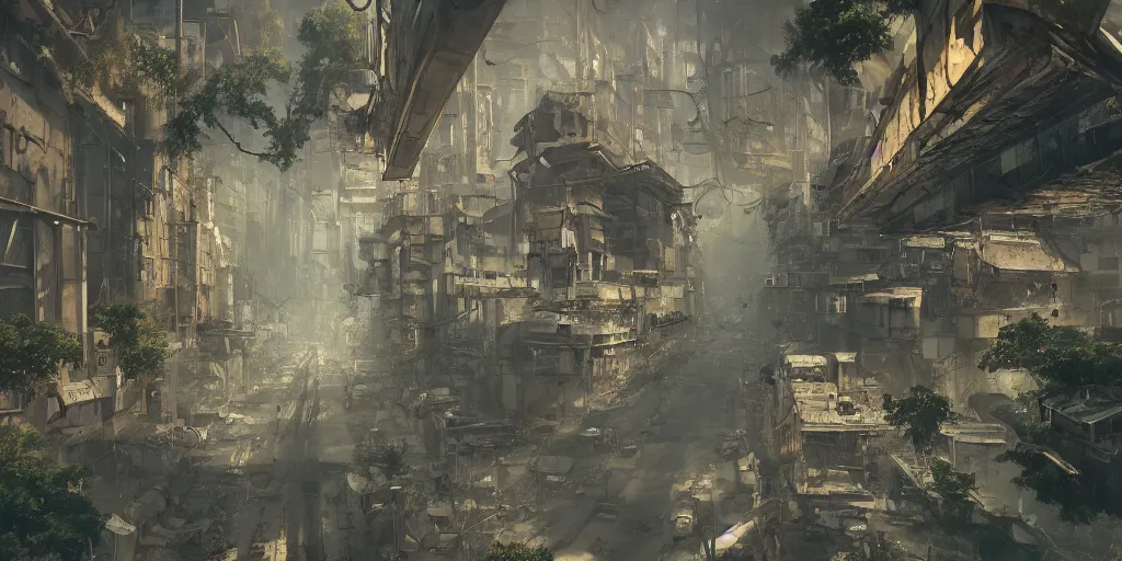 Image similar to a painting of a cinematic keyframe of a post apocalyptic city covered by nature roads seen from above rendered by studio ghibli, cenital shot, by greg rutkowski, rule of thirds, golden ratio, ambient lighting, wlop, artgerm, artstation, highly detailed masterpiece, dark fantasy art, high detail, trending on artstation