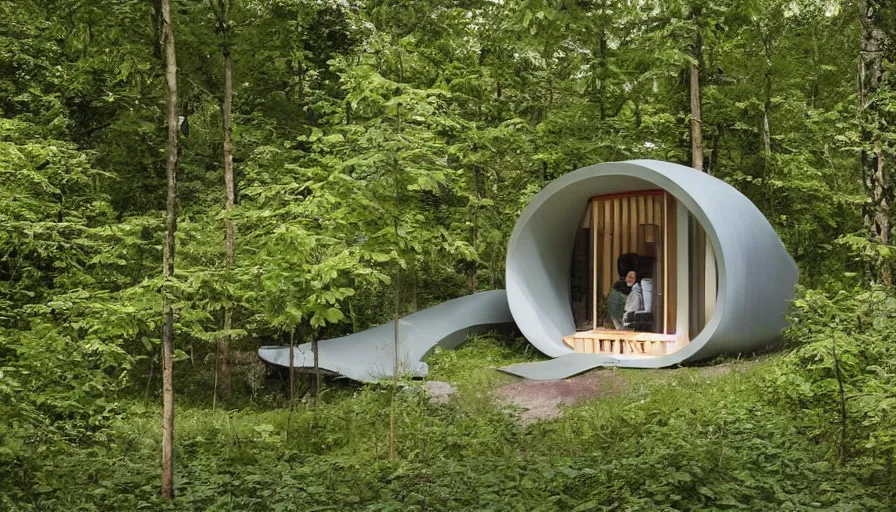 Image similar to A unique innovative and creative eco community of small affordable and contemporary creative cabins in a lush green forest with soft rounded corners and angles, 3D printed line texture, made of cement, connected by sidewalks, public space, and a park, Design and style by Zaha Hadid, Wes Anderson and Gucci