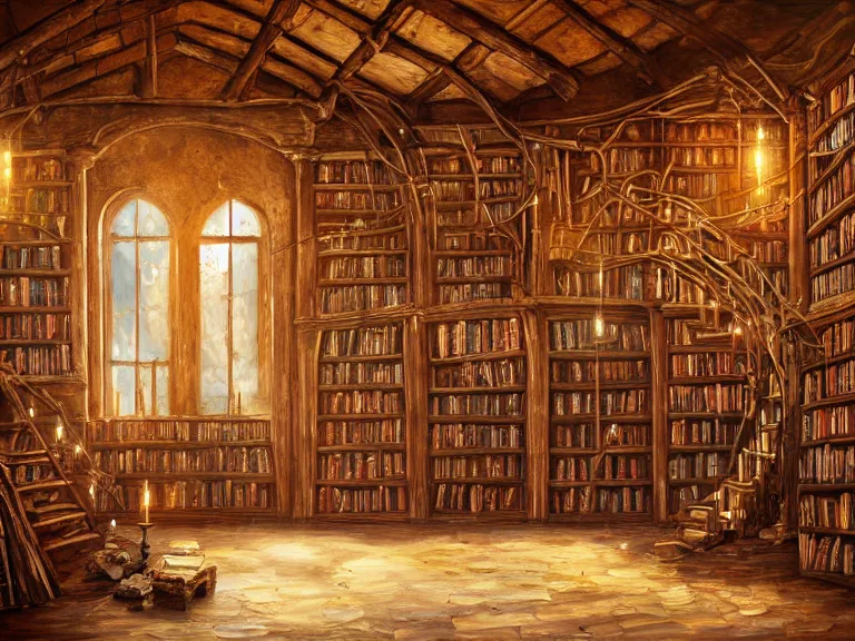 Prompt: expressive rustic oil painting, interior view of an ancient magical library, waxy candles, wood furnishings, potions, books, stairs, light bloom, dust, ambient occlusion, morning, rays of light coming through windows, dim lighting, brush strokes oil painting