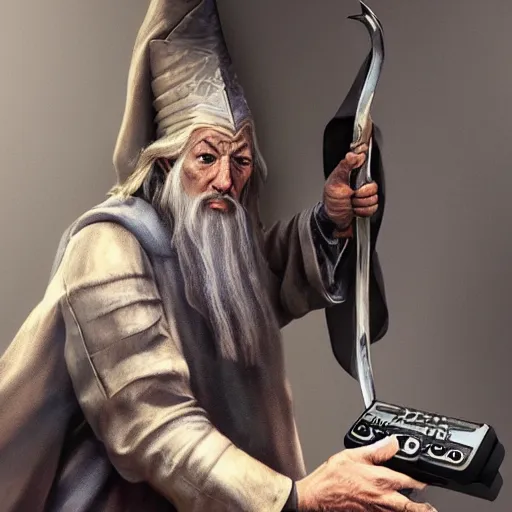 Prompt: gandalf with boom box on coach, trending on artstation, hyperrealistic