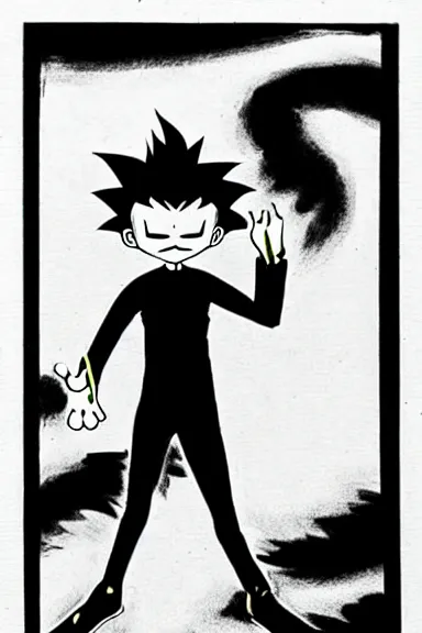 Image similar to attractive little boy in black cat suit, black and white artwork made by yoshihiro togashi,