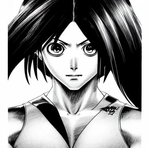 Image similar to alita by yukito kishiro. medium shot. black and white manga. pencil drawing. high detailed face