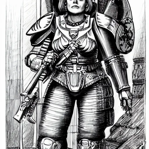 Image similar to a beautifully detailed warhammer 4 0 k portrait of angela merkel. pen and ink by moebius.