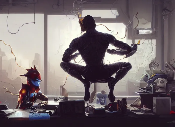 Image similar to an insanely detailed painting of an asian man wearing a homemade superhero costume, sitting at a desk, staring seriously at the computer and typing, in the style of peter mohrbacher, james jean, artgerm, dramatic lighting and composition, surreal background, octane render, pixar, trending on artstation, concept art, comic book, view from behind, 8 k