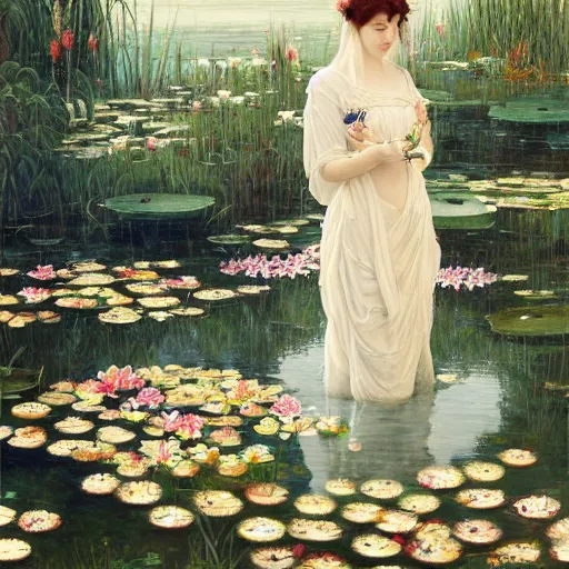 Image similar to a painting of a woman with greek white clothes floating in a pond of water lillies, a fine art painting, by liu jun, cgsociety, deviantart, pre - raphaelitism, figurative art, magical realism, detailed painting, made of flowers