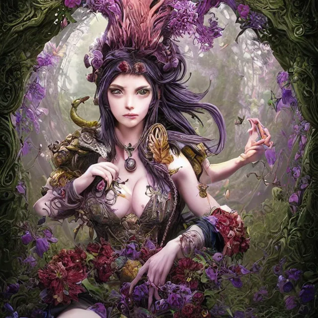 Image similar to the portrait of chaotic good female druid alchemist as absurdly beautiful, gorgeous, elegant, young gravure idol, an ultrafine hyperdetailed illustration by kim jung gi, irakli nadar, intricate linework, sharp focus, bright colors, octopath traveler, final fantasy, unreal engine 5 highly rendered, global illumination, radiant light, detailed and intricate environment
