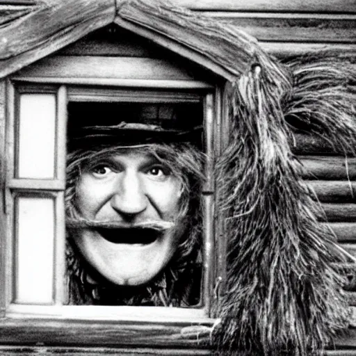 Image similar to robin williams as wurzel gummidge, looking in window at night, demented, wispy hair, drooling, slack jaw