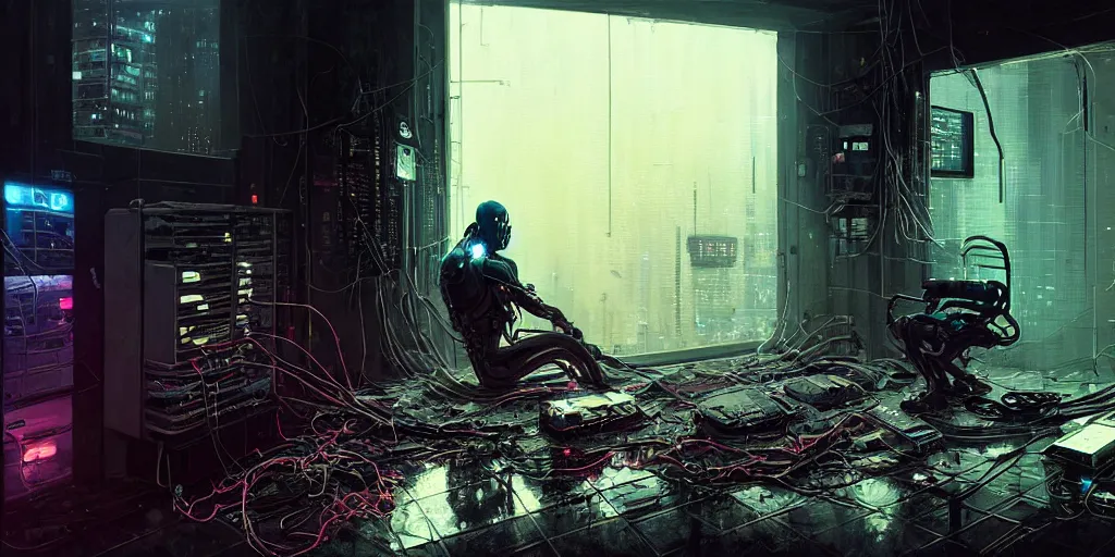 Image similar to a cyborg sitting on the floor, inside an old apartment, cybernetic parts and wires and cables scattered across the floor, dystopian aesthetics, cyberpunk, detailed oil painting, misty, cinematic, dramatic lighting, ominous, by ilya kuvshinov and ruan jia and jeremy mann