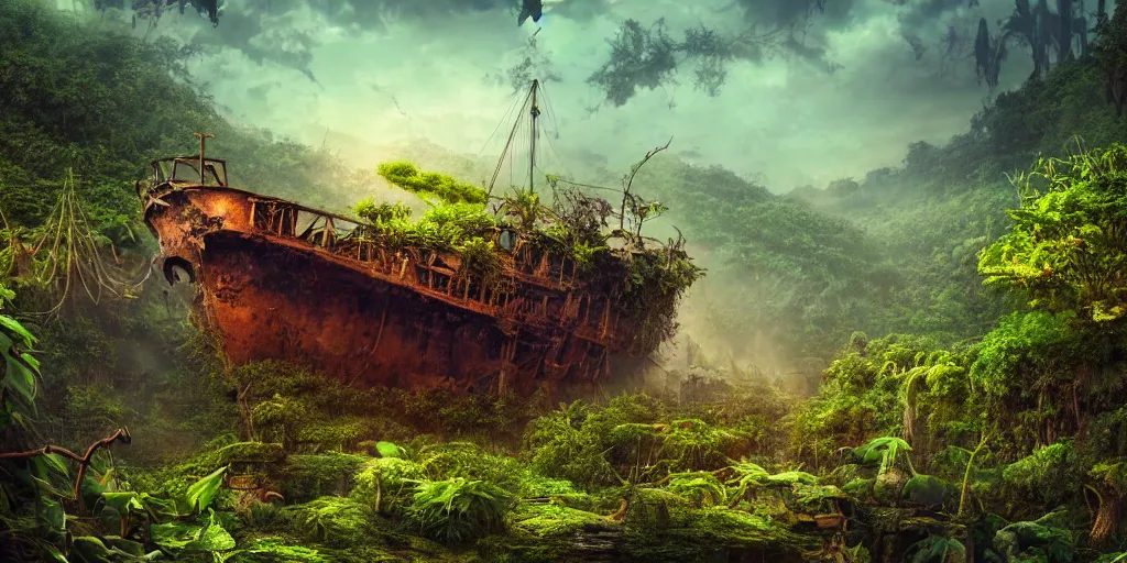 Prompt: a rusty ethereal ghost ship in a prehistoric jungle, lush flora, waterfall, mountains, dark towering clouds, flowers, vines, sunset, hazy, volumetric lighting, rtx on, washed out colors, an award winning digital render, beautiful, stunning, ultradetailed, great composition