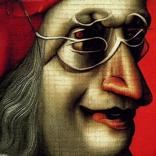 Image similar to close up of Waldo from Where’s Waldo painted by Hieronymus Bosch