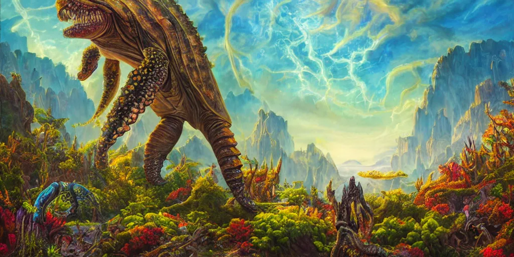 Image similar to fantasy oil painting, great leviathan, cybernetic turtle cephalopod terrapin reptilian pachyderm squid, bella hadid, hybrid, milla jovovich, anubis, epic natural light, lush plants flowers, spectacular mountains, bright clouds, luminous sky, outer worlds, golden hour, michael cheval, edward hopper, michael whelan, vray, hd