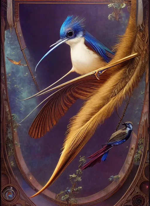 Image similar to hyper realistic paradise flycatcher, refined details, denoised, birds eye view, magical, gems, jewels, gold, steampunk, cyberpunk utopia, painted by tom bagshaw, mucha, gaston bussiere, craig mullins, j. c. leyendecker 8 k