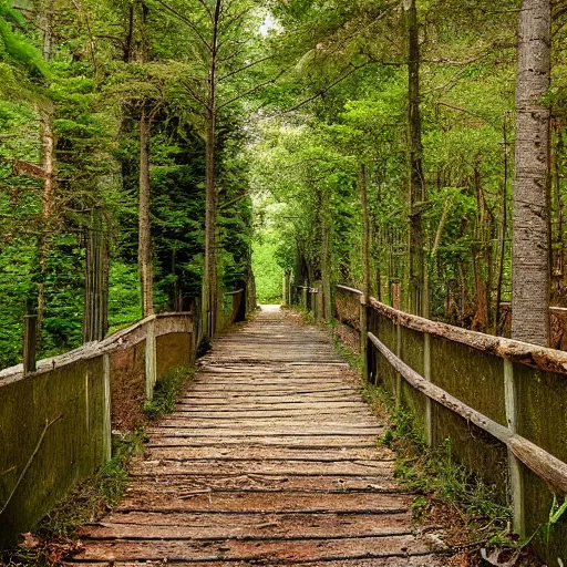 Image similar to path leading to an entrance with a gate to a forest with an abandoned wooden house