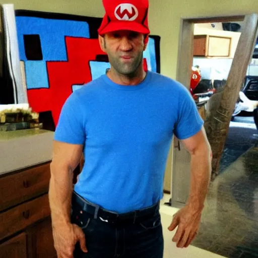 Prompt: jason statham in super mario bros dressed as mario