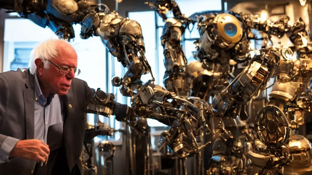 Image similar to bernie sanders putting the finishing touches on a cute clockwork doomsday robot, cinematic moody lighting, sharp focus, imax