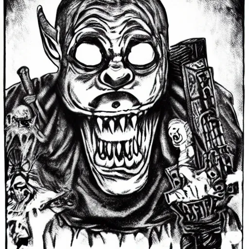 Image similar to vladimir putin demonic horror jester face on four legs, wearing teletubby costume, polaroid black and white picture, night, glowing eyes, creepypasta, in forest 1 9 th century, scary horrifying satanic rituals, hell gate warhammer 4 0 k style