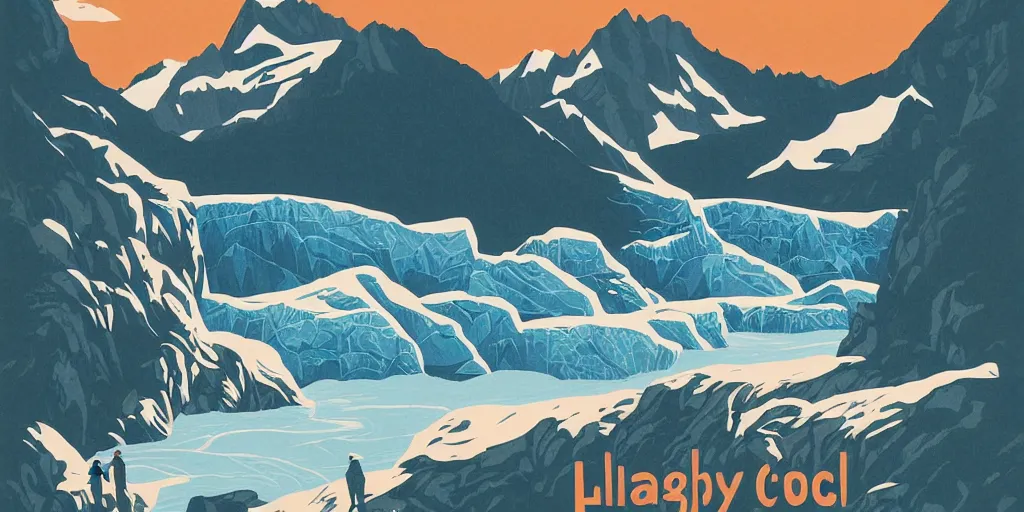 Image similar to beautiful idyllic poster illustration for a craggy ice glacier valley national park by ludwig hohlwein, ludwig hohlwein, graphic, clean bold design