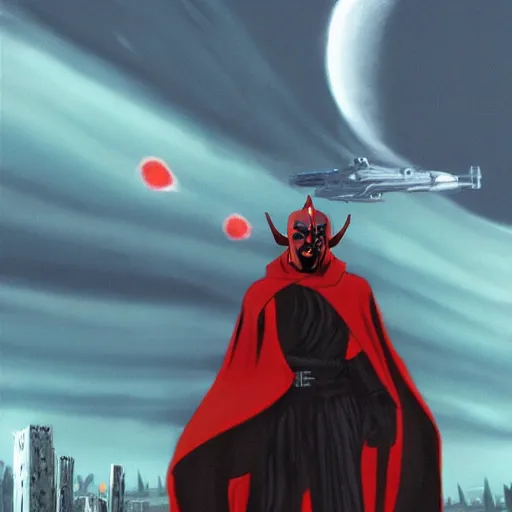 Prompt: Darth Maul overlooking coruscant, artwork by tim burton