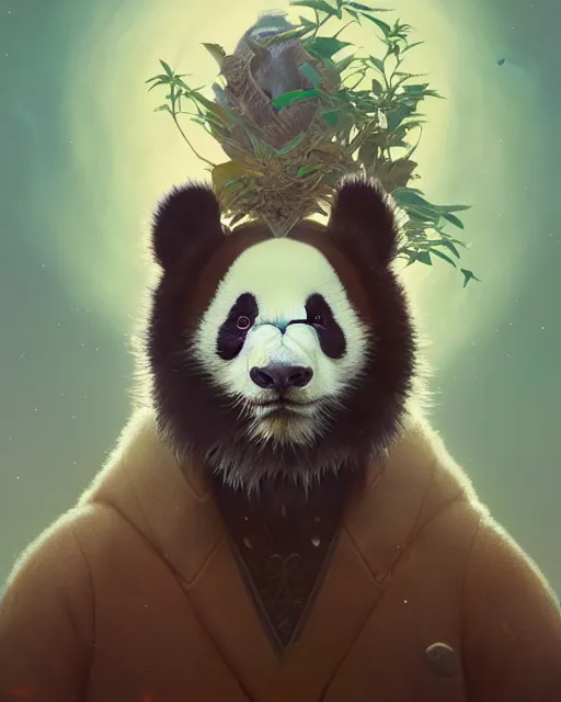 Image similar to highly detailed surreal vfx portrait of a sacred panda, stephen bliss, unreal engine, greg rutkowski, loish, rhads, beeple, makoto shinkai and lois van baarle, ilya kuvshinov, rossdraws, tom bagshaw, alphonse mucha, global illumination, detailed and intricate environment