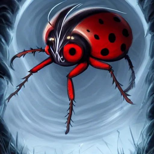 Image similar to ladybug as a monster boss, fantasy art style, scary atmosphere, nightmare - like dream