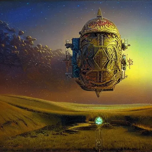 Prompt: painting of artlilery spaceship with ornate metal work lands in country landscape, filigree ornaments, volumetric lights, norm rockwell, beksinski