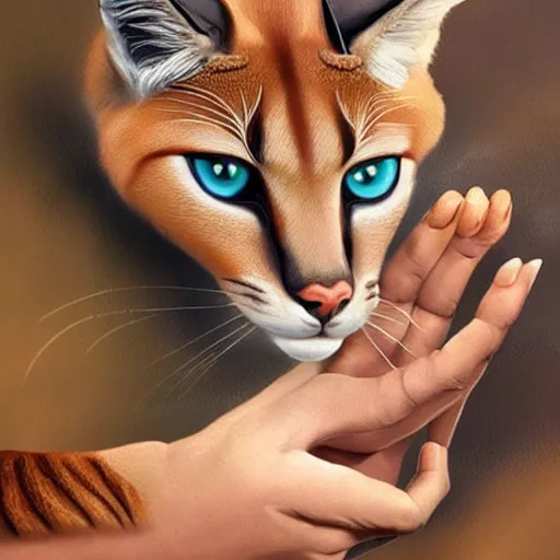 Image similar to Ryan Gosling holds a caracal cat in his hands, ultra highly detailed, smooth, sharp focus, digital art, digital painting, fan art, elegant, artstation