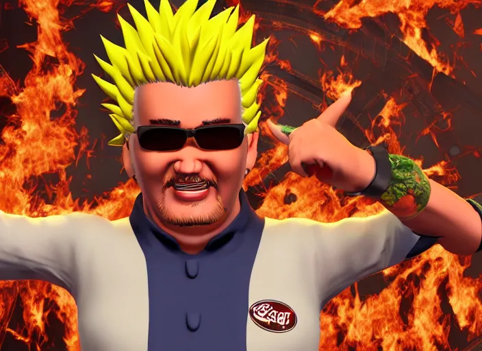 Image similar to 3 d model of guy fieri character in fighting game, stylized 3 d graphics, hdr, ultra graphics, ray tracing, 4 k image