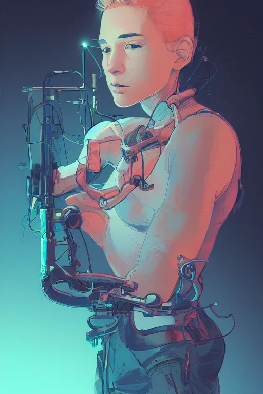 Prompt: portrait of a girl with a biomechanic scale fish and neon light by Laurie Greasley and Greg Rutkowski , digital painting, highly detailed, trending on artstation