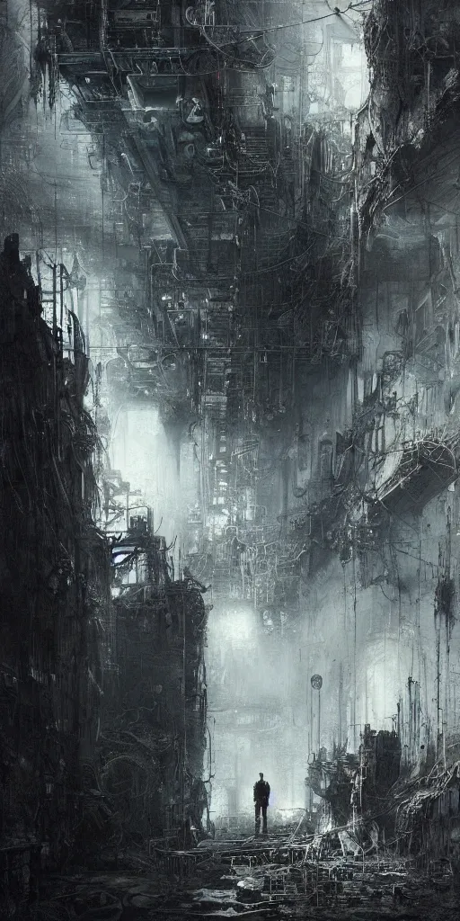 Image similar to lost and alone in an industrial cyberpunk wasteland by gustave dore and gustave moreau and beksinski and giger and craig mullins and jeremy mann