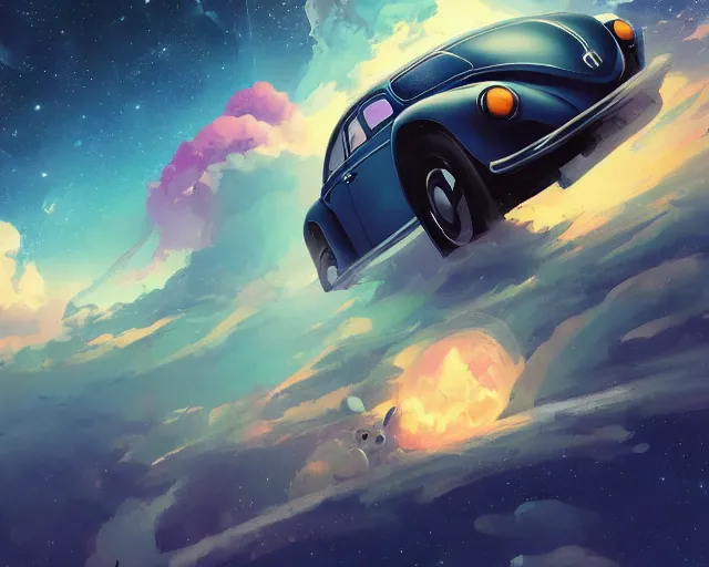 Prompt: a Volkswagen Beetle floating in space, cosmic skies. By Makoto Shinkai, Stanley Artgerm Lau, WLOP, Rossdraws, James Jean, Andrei Riabovitchev, Marc Simonetti, krenz cushart, Sakimichan, trending on ArtStation, digital art.